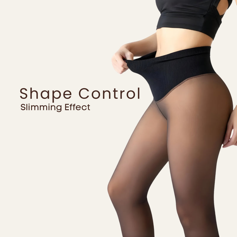 Upyogaa One Seam Tummy Compression High Waist Band Fur Lined Sheer Translucent Stockings