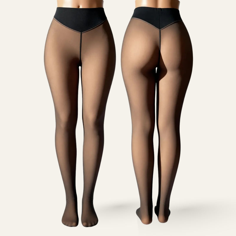 Upyogaa One Seam Tummy Compression High Waist Band Fur Lined Sheer Translucent Stockings